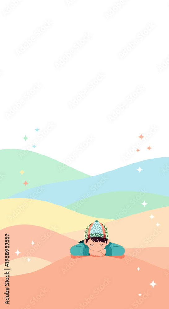 Naklejka premium Dreamy Child Relaxing Amidst Pastel Hued Abstract Landscape With Sparkles