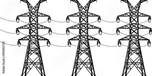 High voltage electric power transmission tower silhouette set featuring steel lattice pylons and overhead electrical lines isolated on white background for industrial energy designs.