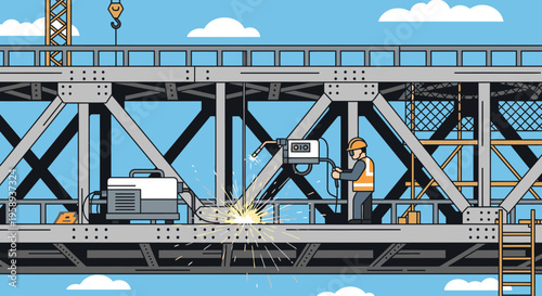 A construction worker in an orange vest and hard hat welding on a metal bridge structure with a crane and cloudy blue sky background.
