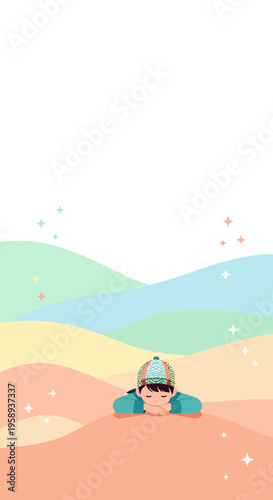 Dreamy Child Relaxing Amidst Pastel Hued Abstract Landscape With Sparkles