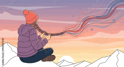 Dreamy Contemplation On Snowy Peaks At Sunset