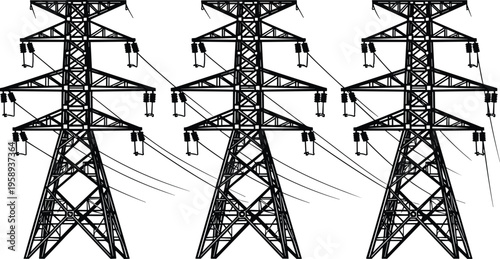 High voltage electric power transmission tower silhouette set featuring steel lattice pylons and overhead electrical lines isolated on white background for industrial energy designs.