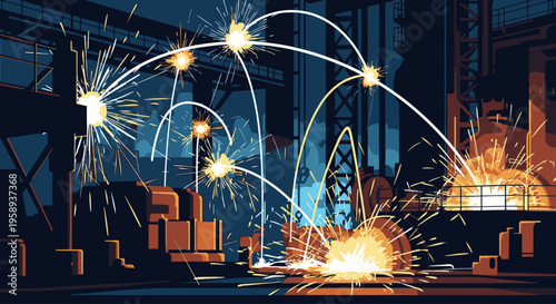 Digital illustration of sparks flying in an industrial setting with machinery and a dark background at night.