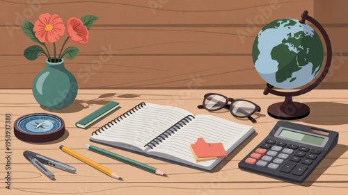 School supplies on a wooden desk with globe notebook calculator and vase with flowers education concept
