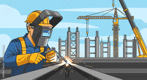 A construction worker in a blue uniform and yellow hard hat welding metal beams on a building site with a crane in the background.