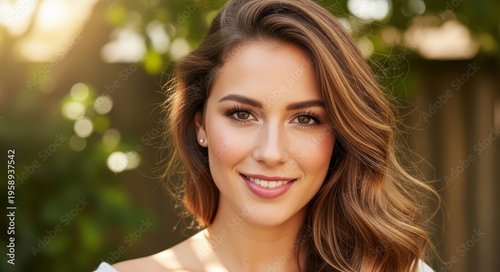 Obraz premium Radiant beauty - A captivating portrait of a smiling woman.
