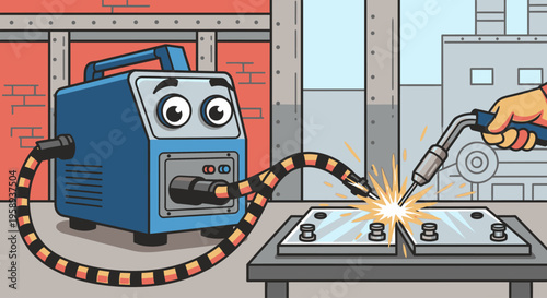 Cartoon welding machine with a playful face sparks as a hand holds a welding torch nearby on a workbench in a workshop.