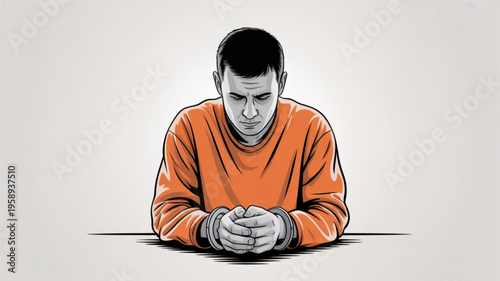 A man in an orange shirt sits with his hands cuffed looking down in a state of distress or despair isolated on a plain background