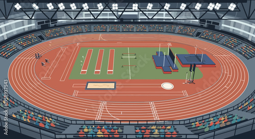 Dynamic Aerial View Of A Vibrant Athletic Stadium During Competition