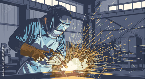 A welder in protective gear welding metal in a workshop with sparks flying everywhere, wearing a blue uniform and safety mask.