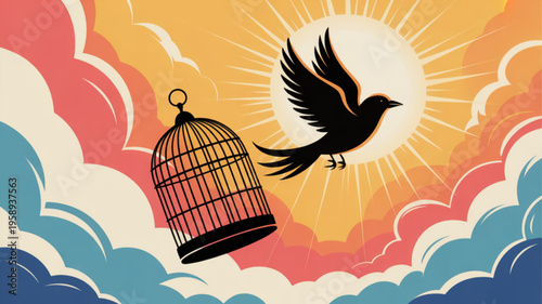 Bird flies freely from cage under sunny sky with clouds symbolizing freedom and liberation