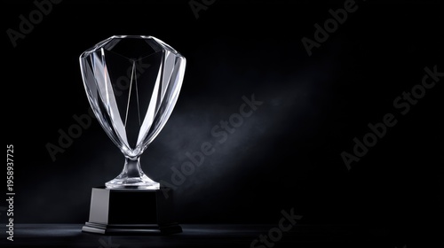 A gleaming crystal trophy stands prominently against a dark, smoky backdrop