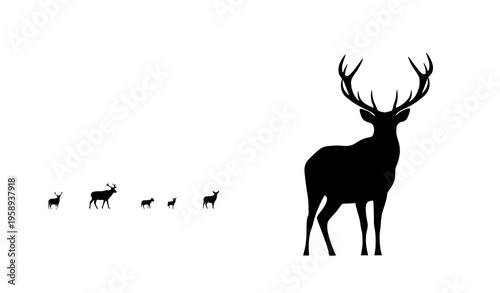 Minimal wild animal silhouette poster with stag and distant wildlife elegant modern vector illustration