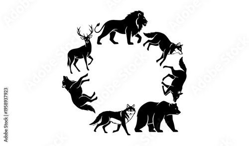 Circular wild animal silhouette composition with lion deer wolf and bear elegant vector design for prints