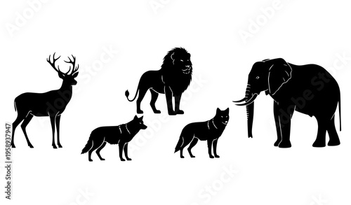 Elegant wild animal silhouettes set with deer lion wolf and elephant minimal poster style vector illustration
