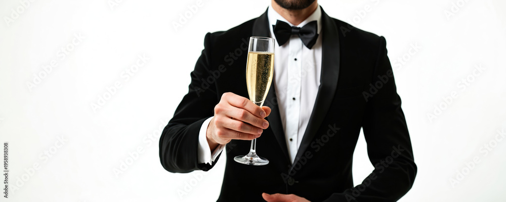Fototapeta premium Man in black tuxedo holds champagne flute, celebrating New Year Eve. Festive mood, formal wear, sparkling drink cheers special event. Party atmosphere, elegant style, celebratory moment.