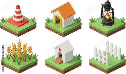 Isometric farm and outdoor vector set featuring a traffic cone, dog house, lantern, wheat stalks, birdhouse, and white picket fence on grass tiles.