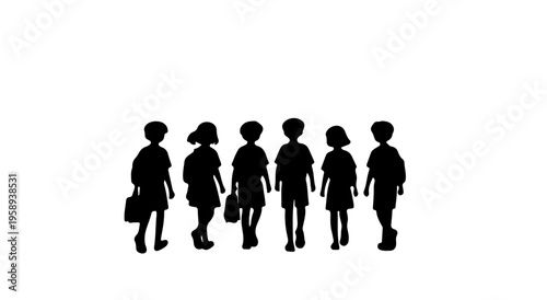 Silhouette of a Group of Six Children Standing in a Line