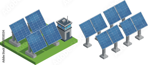 Isometric solar panel farm vector set featuring renewable energy photovoltaic arrays on grass tiles and isolated power station for sustainable green electricity infrastructure.