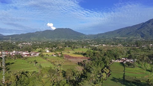 A scenic aerial view of lush green rice fields and a rural village nestled among tropical trees, with mountains rising in the background under a bright blue sky