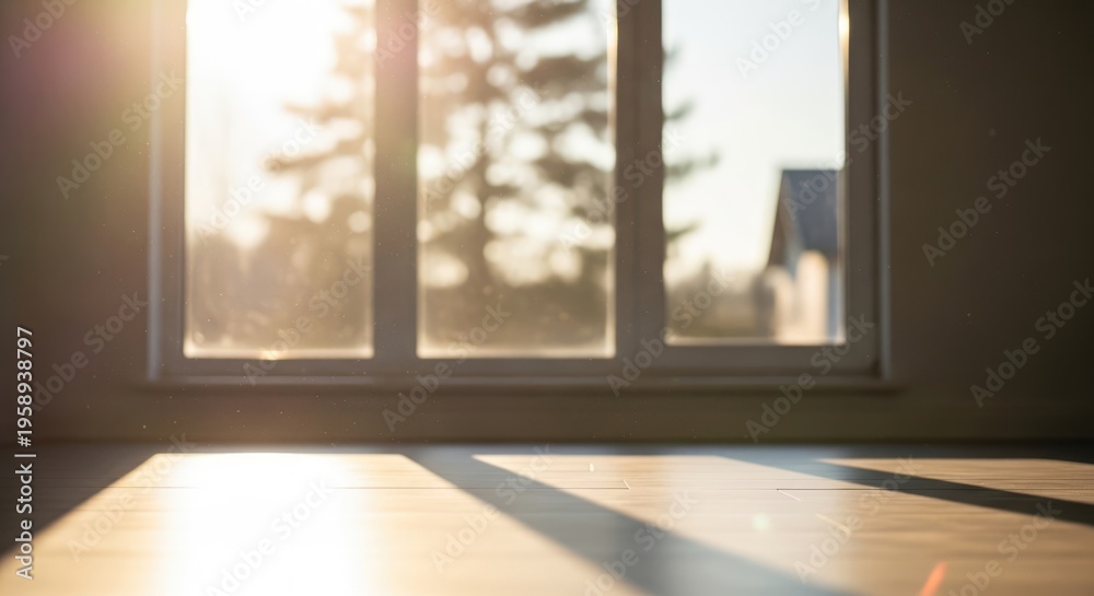 Fototapeta premium Sunlight streaming through a window onto a wooden surface creating light and shadow patterns.