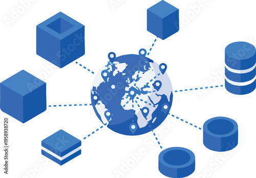 Global Data Network and Cloud Computing Concept, Isometric Vector Illustration of Worldwide Information Exchange and Digital Connectivity