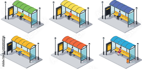 Isometric vector illustration set of modern bus stop shelters in various colors with people sitting on benches isolated on white background for infographics.