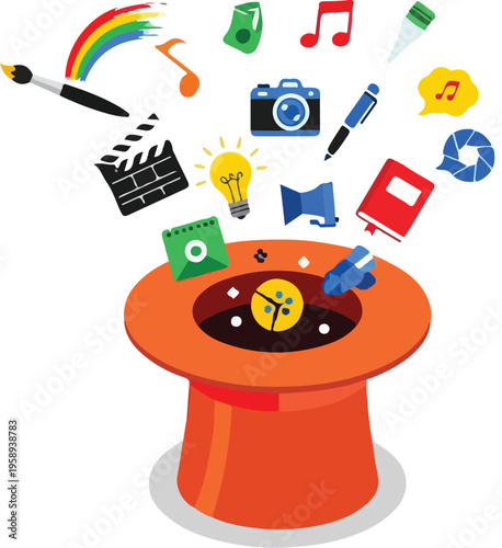 Isometric Orange Generative AI Magic Hat Producing Creative Content Vector