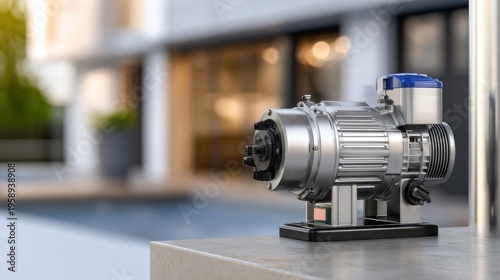 A sleek silver motor positioned on a stone surface against a modern architectural background