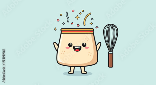 Happy Cream Cup Cartoon Character Smiling With Whisk.