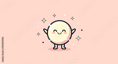 Happy Cute Round Creature Smiling With Arms.