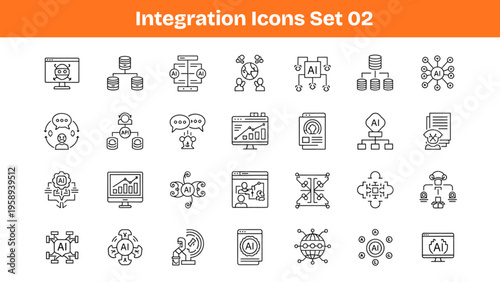 Integration Icons Set – API Connection, Cloud Sync, Data Exchange, Network Systems, Cross Platform Automation