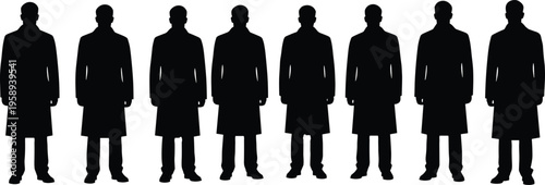 Silhouetted group of people in long coats standing in row representing uniformity, repetition, anonymity, and social commentary vector illustration