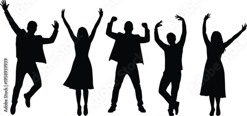 Silhouettes of five diverse people jumping and posing with raised arms symbolizing joy, unity, celebration, achievement, energy, happiness, and success.