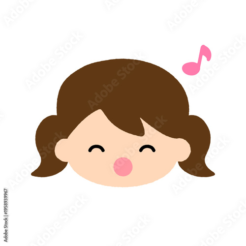 かわいい女の子の笑顔アイコン 音符付きで楽しい表情の子供シンプルイラスト