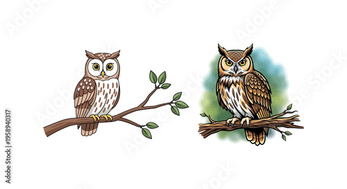 Two brown and white owls sitting.