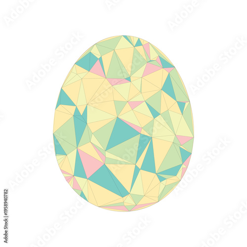 Colorful Easter egg illustration with pastel geometric triangles on white background.