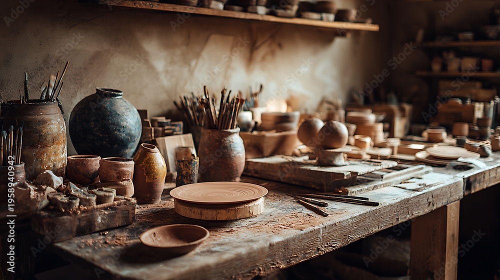 Fototapeta premium Pottery workshop with clay objects.