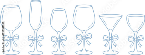 Elegant wine glass line art collection with decorative bows, minimalist blue outline glassware set, 6 festive drinkware vector elements for wedding