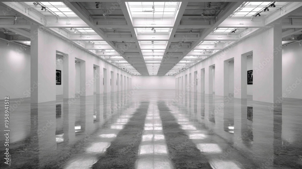Naklejka premium Gallery space and cultural investment an empty modern art gallery hallway with polished concrete floor and white walls representing a museum exhibition space for art shows and events The long clean.