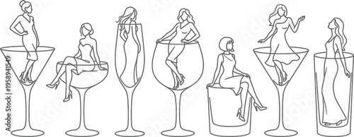 Minimalist line art women in cocktail glasses, elegant female silhouettes with wine and martini glassware, 7 vector icons for bar menu design