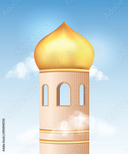 Luxury Golden Mosque Dome and Minaret Vector Illustration. Golden Islamic Minaret with Crescent Moon on Soft Sky Background. Ramadan Kareem Islamic Architecture Tower with Crescent Symbol.