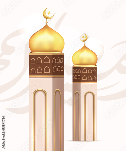 Luxury Golden Mosque Dome and Minaret Vector Illustration. Golden Islamic Minaret with Crescent Moon on Soft Sky Background. Ramadan Kareem Islamic Architecture Tower with Crescent Symbol.