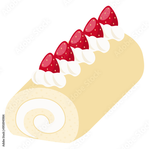 プレーン生地といちごトッピングの単体ロールケーキイラスト 断面が見える定番スイーツ向けベクター素材