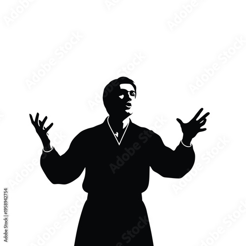 Silhouette of a man gesturing with open hands expressing emotion or speaking.