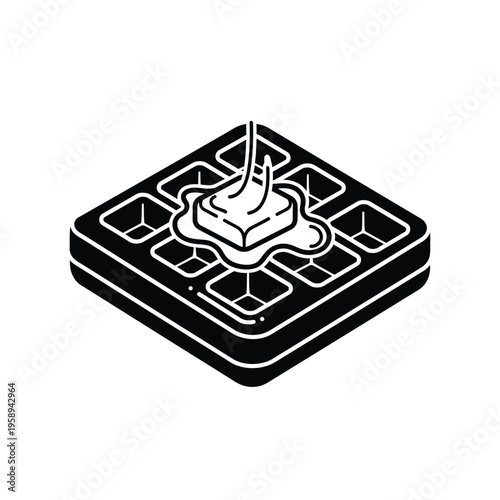 Waffle with butter and syrup.