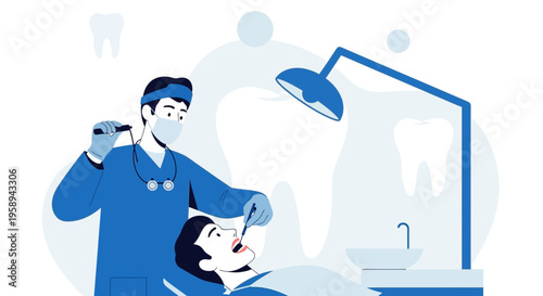 Dentist examining patient's teeth with dental instruments in clinic, dental care concept