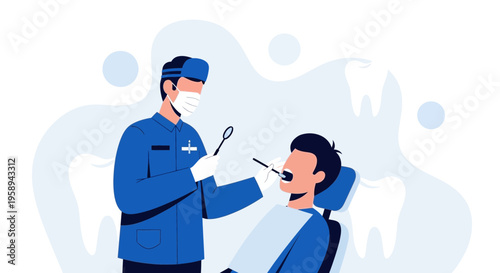 Dentist examining patient's teeth with dental tools in a modern clinic, oral hygiene concept