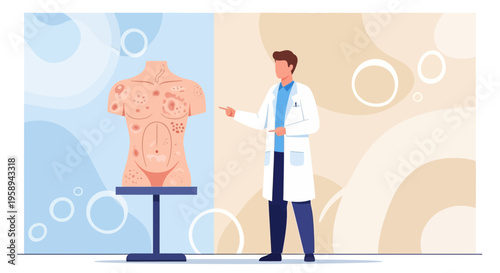 Dermatologist examining skin conditions on torso model, medical education concept