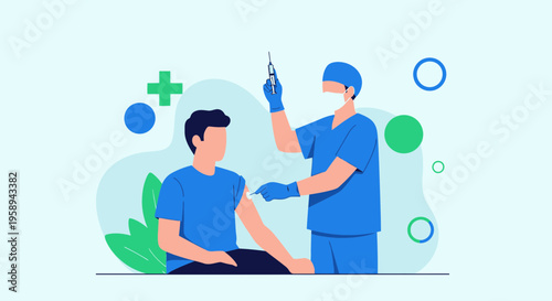 Doctor administering vaccine injection to patient in blue medical scrubs, healthcare concept